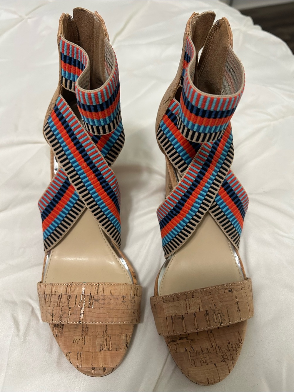 Jessica Simpson Cork Wedge Sandals with Blue and Red Striped Elastic